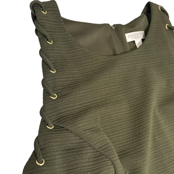 Bisou Bisou Green Ribbed Sleeveless Sheath Dress Lace Up Grommet Detail Sz 12 - Picture 6 of 12